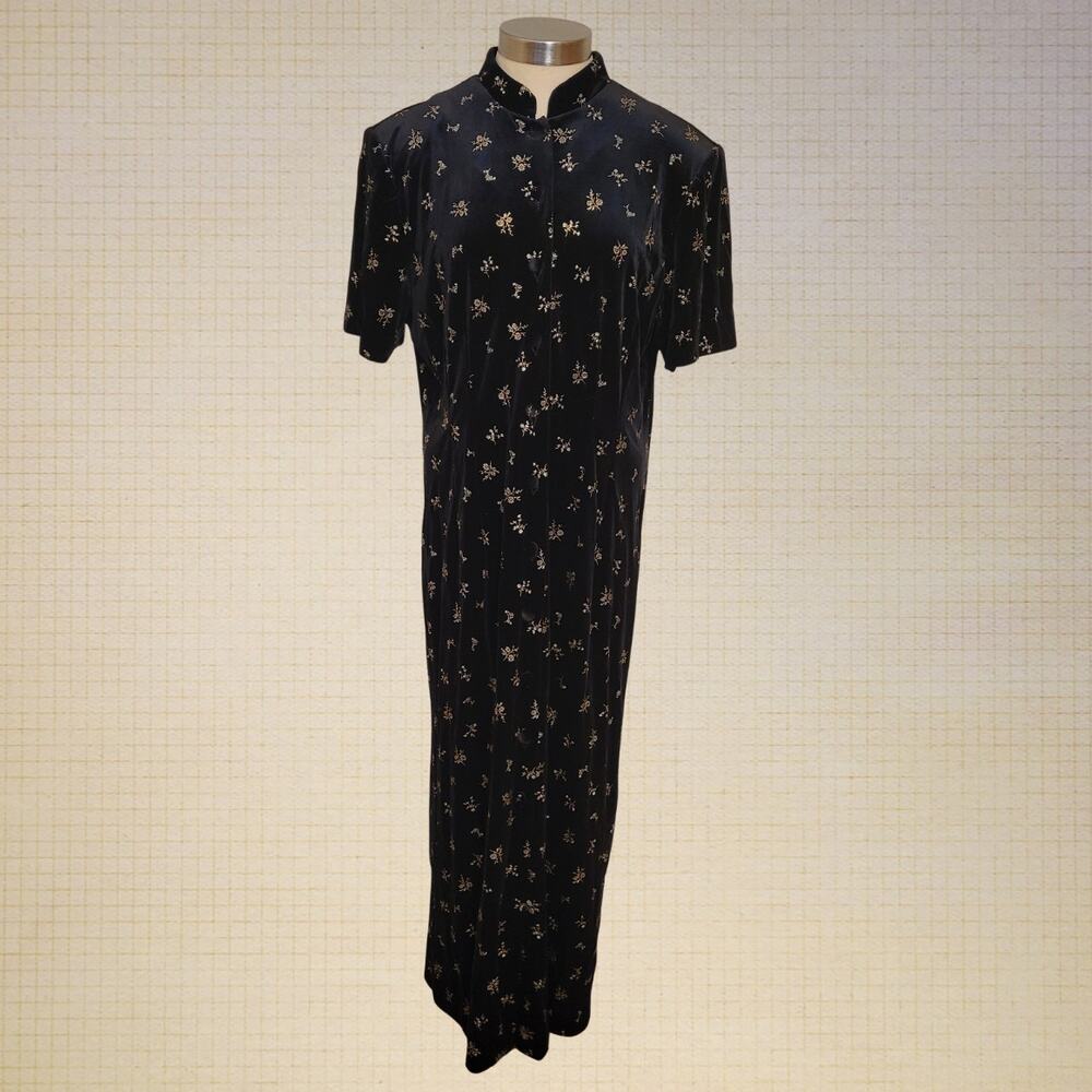 90s Vtg Sag Harbor Velvet Button Up Dress Embossed Floral Gold Cottagecore Midi